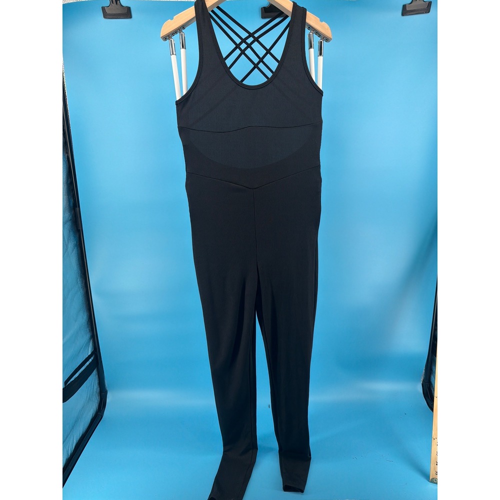 SHEIN Black Ribbed Crisscross Back Ruched Jumpsuit Athletic Yoga Unitard